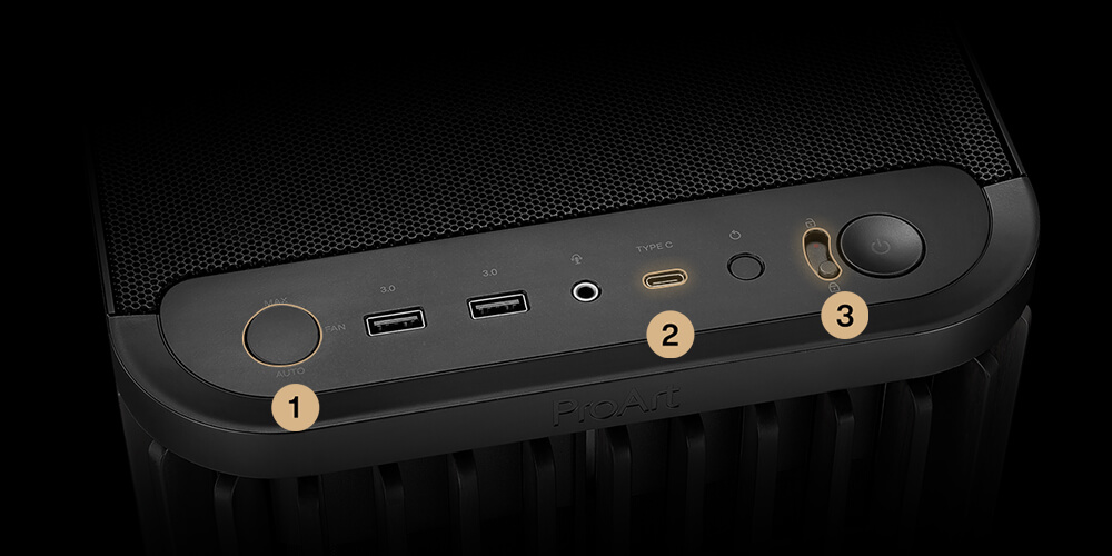 Крупний план передньої панелі корпусу ProArt PA401 Wood Edition з блокуванням кнопок і керуванням вентиляторами