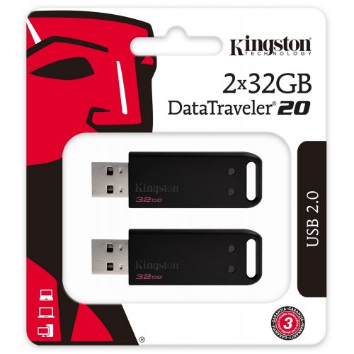Купить Накопитель Kingston DataTraveller 20 2 x 32GB USB 2.0 (DT20/32GB-2P) Black - цена в Харькове, Киеве, Днепре, Одессе
в интернет-магазине Telemart фото