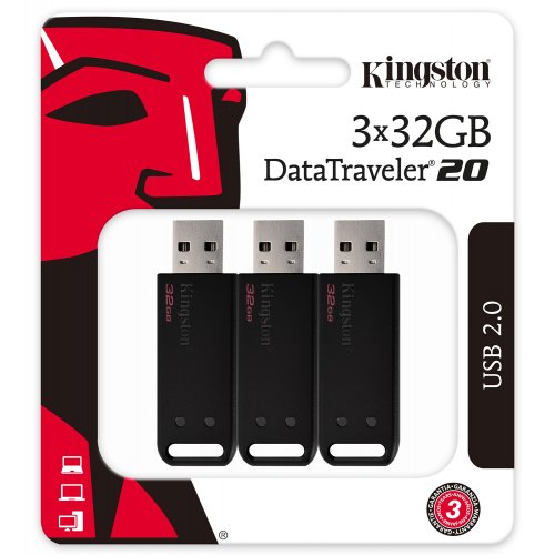 Купить Накопитель Kingston DataTraveller 20 3 x 32GB USB 2.0 (DT20/32GB-3P) Black - цена в Харькове, Киеве, Днепре, Одессе
в интернет-магазине Telemart фото