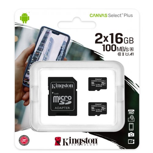 Купить Карта памяти Kingston microSDHC Canvas Select Plus 16GB Class 10 2-pack (с адаптером) (SDCS2/16GB-2P1A) - цена в Харькове, Киеве, Днепре, Одессе
в интернет-магазине Telemart фото
