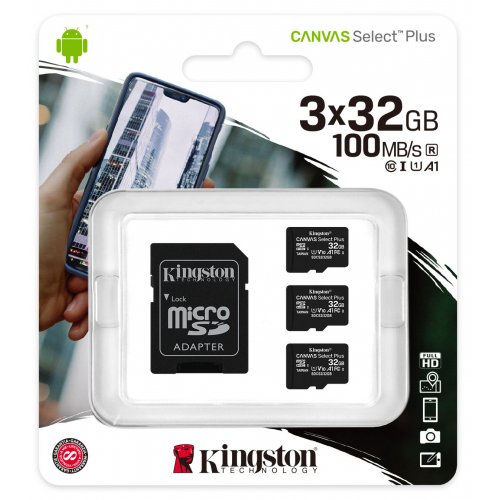 Купить Карта памяти Kingston microSDHC Canvas Select Plus 32GB Class 10 3-pack (с адаптером) (SDCS2/32GB-3P1A) - цена в Харькове, Киеве, Днепре, Одессе
в интернет-магазине Telemart фото