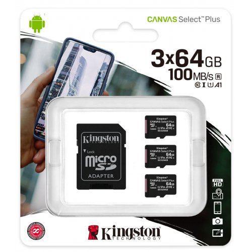 Купить Карта памяти Kingston microSDXC Canvas Select Plus 64GB Class 10 3-pack (с адаптером) (SDCS2/64GB-3P1A) - цена в Харькове, Киеве, Днепре, Одессе
в интернет-магазине Telemart фото