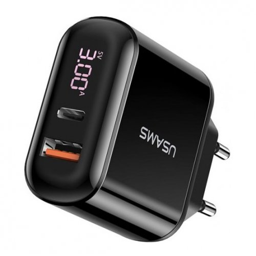 Мережевий зарядний пристрій Usams T23 Digital Display QC 3.0 PD 3.0 3A USB/USB Type-C Black купити в Україні | Telemart фото