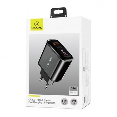 Мережевий зарядний пристрій Usams T23 Digital Display QC 3.0 PD 3.0 3A USB/USB Type-C Black купити в Україні | Telemart фото
