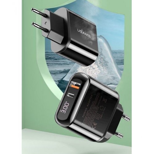 Мережевий зарядний пристрій Usams T23 Digital Display QC 3.0 PD 3.0 3A USB/USB Type-C Black купити в Україні | Telemart фото