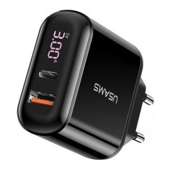 Мережевий зарядний пристрій Usams T23 Digital Display QC 3.0 PD 3.0 3A USB/USB Type-C + USB Type-C/Lightning cable Black