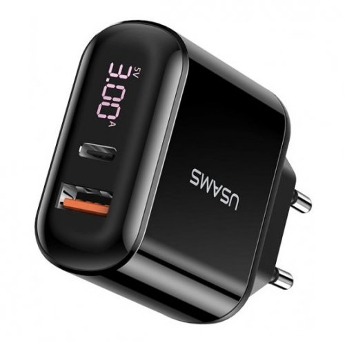 Мережевий зарядний пристрій Usams T23 Digital Display QC 3.0 PD 3.0 3A USB/USB Type-C + USB Type-C/Lightning cable Black купити в Україні: Київ, Львів, Хмельницький, Тернопіль, Івано-Франківськ | Низька ціна, відгуки, характеристики від TELEMART фото