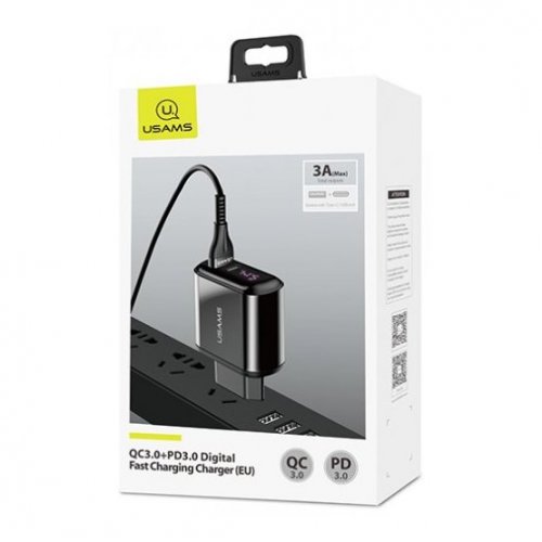 Мережевий зарядний пристрій Usams T23 Digital Display QC 3.0 PD 3.0 3A USB/USB Type-C + USB Type-C/Lightning cable Black купити в Україні: Київ, Львів, Хмельницький, Тернопіль, Івано-Франківськ | Низька ціна, відгуки, характеристики від TELEMART фото