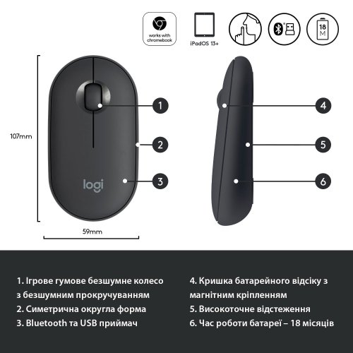 Купить Мышка Logitech Pebble M350 (910-005718) Graphite - цена в Харькове, Киеве, Днепре, Одессе
в интернет-магазине Telemart фото