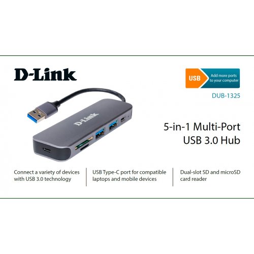 Купить USB-хаб D-Link USB 3.0 to USB 3.0 2-port with USB Type-C+ Card reader (DUB-1325) - цена в Харькове, Киеве, Днепре, Одессе
в интернет-магазине Telemart фото