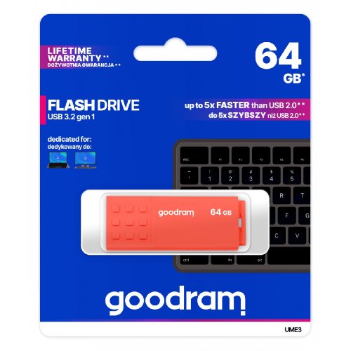 Накопичувач GoodRAM UME3 64GB USB 3.0 (UME3-0640O0R11) Orange купити в Україні: Київ, Львів, Хмельницький, Тернопіль, Івано-Франківськ | Низька ціна, відгуки, характеристики від TELEMART фото