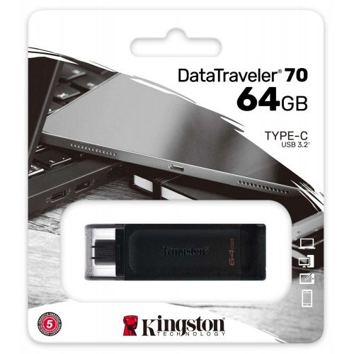 Купить Накопитель Kingston DataTraveller 70 64GB USB Type-C (DT70/64GB) Black - цена в Харькове, Киеве, Днепре, Одессе
в интернет-магазине Telemart фото