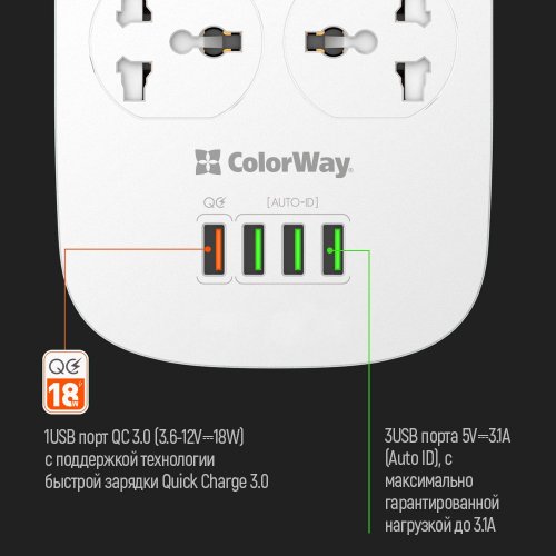 Купити Мережевий фільтр ColorWay 1.8 м 4 розетки + 4 USB (1 QC3.0 + 3 AUTO ID) (CW-CHU44QW) White - ціна в Києві, Львові, Вінниці, Хмельницькому, Франківську, Україні | інтернет-магазин TELEMART.UA фото