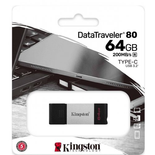 Купить Накопитель Kingston DataTraveler 80 64GB USB Type-C (DT80/64GB) Black/Grey - цена в Харькове, Киеве, Днепре, Одессе
в интернет-магазине Telemart фото