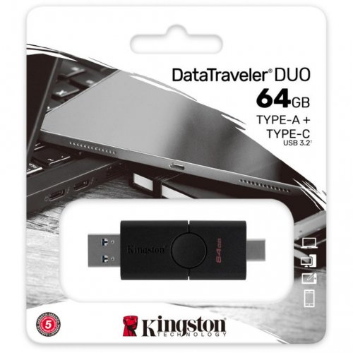 Купити Накопичувач Kingston DataTraveler Duo 64GB USB Type-C/USB 3.2 (DTDE/64GB) Black - ціна в Києві, Львові, Вінниці, Хмельницькому, Франківську, Україні | інтернет-магазин TELEMART.UA фото