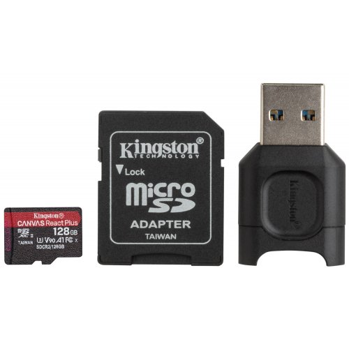 

Kingston microSDXC Canvas React Plus 128GB Class 10 UHS-II U3 A1 (с адаптером) + microSD Reader (MLPMR2/128GB)