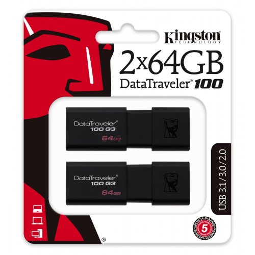 Купить Накопитель Kingston DataTraveler 100 G3 2 x 64GB USB 3.1 (DT100G3/64GB-2P) Black - цена в Харькове, Киеве, Днепре, Одессе
в интернет-магазине Telemart фото