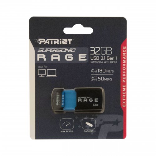 Купити Накопичувач Patriot Supersonic Rage 32GB USB 3.2 (PEF32GSRUSB) Black - ціна в Києві, Львові, Вінниці, Хмельницькому, Франківську, Україні | інтернет-магазин TELEMART.UA фото