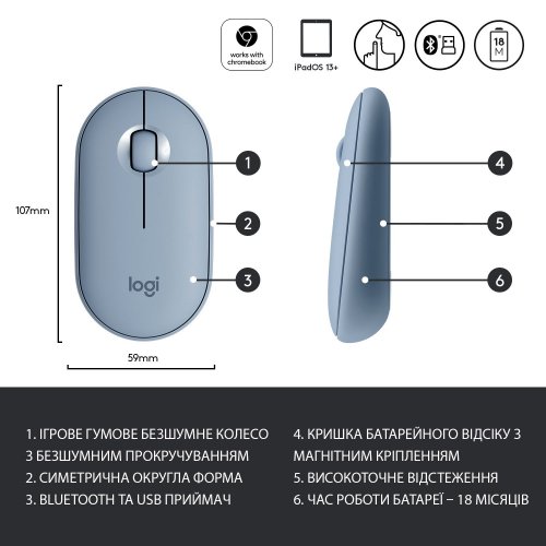 Купити Миша Logitech Pebble M350 (910-005719) Blue Grey - ціна в Києві, Львові, Вінниці, Хмельницькому, Франківську, Україні | інтернет-магазин TELEMART.UA фото