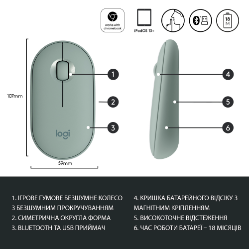 Купити Миша Logitech Pebble M350 (910-005720) Eucalyptus - ціна в Києві, Львові, Вінниці, Хмельницькому, Франківську, Україні | інтернет-магазин TELEMART.UA фото