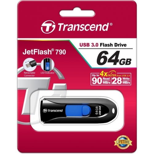 Купить Накопитель Transcend JetFlash 790 USB 3.0 64GB Black (TS64GJF790K) - цена в Харькове, Киеве, Днепре, Одессе
в интернет-магазине Telemart фото