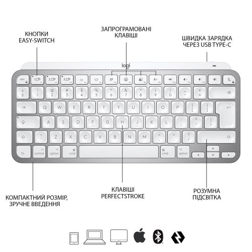 Купить Клавиатура Logitech MX Keys Mini For Mac Wireless Illuminated (920-010526) Pale Gray - цена в Харькове, Киеве, Днепре, Одессе
в интернет-магазине Telemart фото