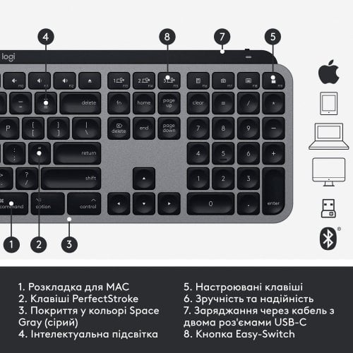 Купити Клавіатура Logitech MX Keys For Mac Wireless Illuminated (920-009558) Space Gray - ціна в Києві, Львові, Вінниці, Хмельницькому, Франківську, Україні | інтернет-магазин TELEMART.UA фото