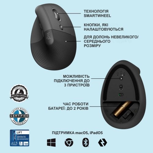 Купить Мышка Logitech Lift Vertical Ergonomic (910-006473) Graphite/Black - цена в Харькове, Киеве, Днепре, Одессе
в интернет-магазине Telemart фото