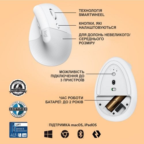 Купить Мышка Logitech Lift Vertical Ergonomic (910-006475) Off-White/Pale Grey - цена в Харькове, Киеве, Днепре, Одессе
в интернет-магазине Telemart фото