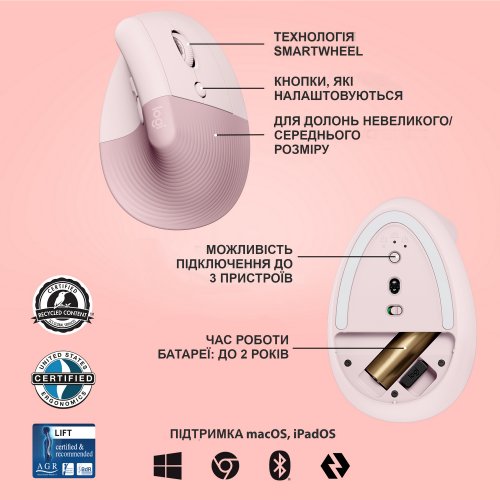 Купити Миша Logitech Lift Vertical Ergonomic (910-006478) Rose - ціна в Києві, Львові, Вінниці, Хмельницькому, Франківську, Україні | інтернет-магазин TELEMART.UA фото