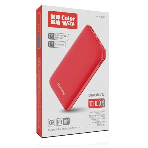 Powerbank ColorWay 10000mAh 18W (CW-PB100LPE3RD-PD) Red купити в Україні: Київ, Львів, Хмельницький, Тернопіль, Івано-Франківськ | Низька ціна, відгуки, характеристики від TELEMART фото