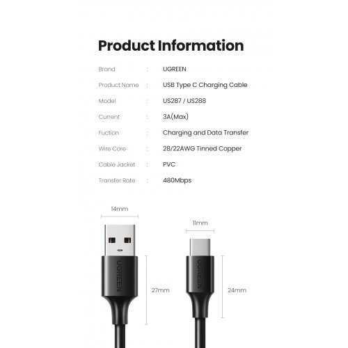 Кабель Ugreen US287 USB 2.0 to USB Type-C 3.0A (18W) 2m (60118) Black купити в Україні: Київ, Львів, Хмельницький, Тернопіль | Низька ціна, відгуки, характеристики від TELEMART фото