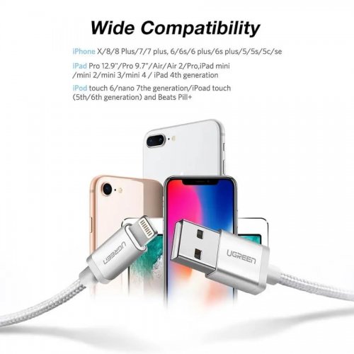 Кабель Ugreen US199 USB to Lightning 2.4A 1m (60161) Silver купити в Україні | Telemart фото