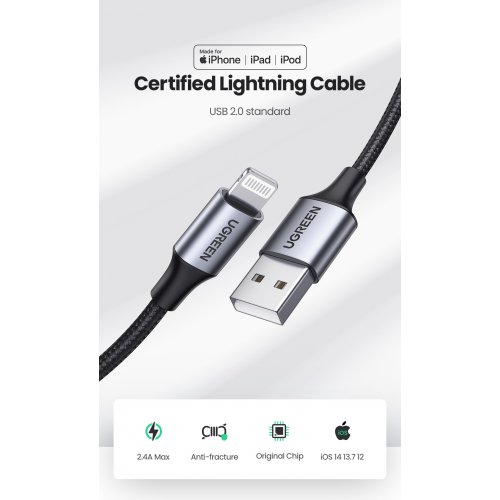 Кабель Ugreen US199 USB to Lightning 2.4A 1m (60156) Black купити в Україні: Київ, Львів, Хмельницький, Тернопіль, Івано-Франківськ | Низька ціна, відгуки, характеристики від TELEMART фото