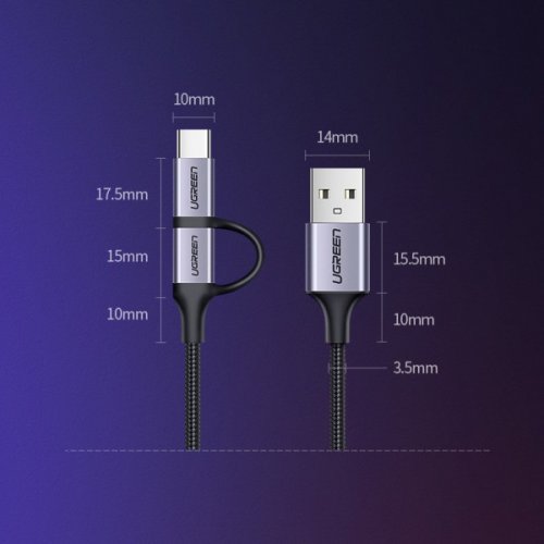 Кабель Ugreen US177 USB to microUSB + USB Type-C 3.0A 1m (30875) Black купити в Україні | Telemart фото