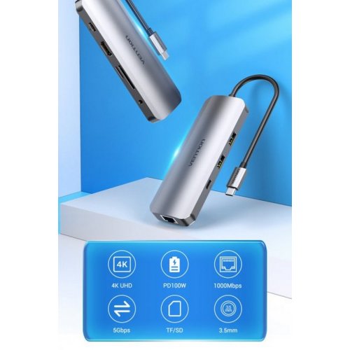 Купити USB-хаб Vention USB Type-C 9 in 1 (TOMHB) Silver - ціна в Києві, Львові, Вінниці, Хмельницькому, Франківську, Україні | інтернет-магазин TELEMART.UA фото