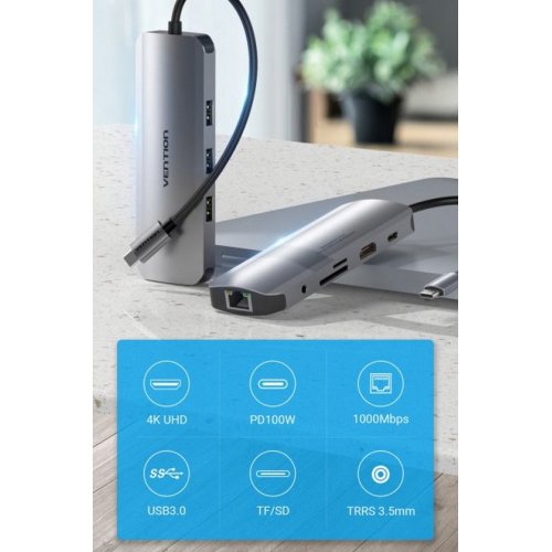 Купити USB-хаб Vention USB Type-C 9 in 1 (TOLHB) Silver - ціна в Києві, Львові, Вінниці, Хмельницькому, Франківську, Україні | інтернет-магазин TELEMART.UA фото