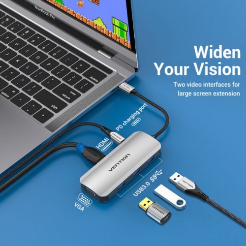 Купити USB-хаб Vention USB Type-C 6 in 1 (TOIHB) Silver - ціна в Києві, Львові, Вінниці, Хмельницькому, Франківську, Україні | інтернет-магазин TELEMART.UA фото