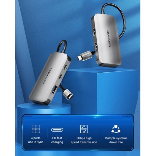 Купити USB-хаб Vention USB Type-C 5 in 1 (TNDHB) Silver - ціна в Києві, Львові, Вінниці, Хмельницькому, Франківську, Україні | інтернет-магазин TELEMART.UA фото