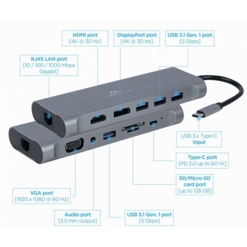 Купить USB-хаб Cablexpert USB Type-C 8 in 1 (A-CM-COMBO8-01) Gray - цена в Харькове, Киеве, Днепре, Одессе
в интернет-магазине Telemart фото