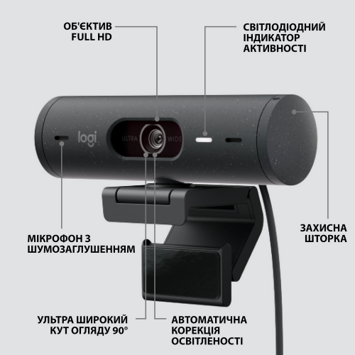 Купить Веб-камера Logitech Brio 500 (960-001422) Graphite - цена в Харькове, Киеве, Днепре, Одессе
в интернет-магазине Telemart фото
