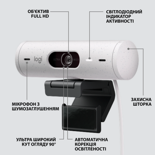 Купити Веб-камера Logitech Brio 500 (960-001428) Off-White - ціна в Києві, Львові, Вінниці, Хмельницькому, Франківську, Україні | інтернет-магазин TELEMART.UA фото