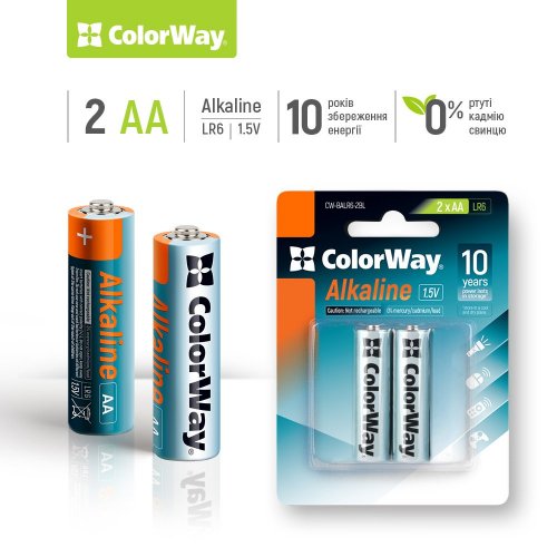 Купить Батарейки ColorWay AA Alkaline Power 2шт (CW-BALR06-2BL) - цена в Харькове, Киеве, Днепре, Одессе
в интернет-магазине Telemart фото