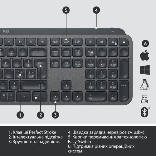 Купити Клавіатура Logitech MX Keys Wireless (920-009415) Graphite - ціна в Києві, Львові, Вінниці, Хмельницькому, Франківську, Україні | інтернет-магазин TELEMART.UA фото