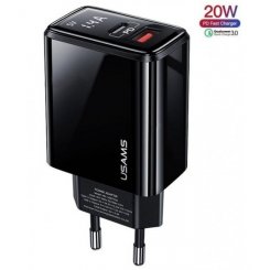 Фото Сетевое зарядное устройство Usams T40 Digital Display USB-A/Type-C QC/DP3.0 20W 3A Black