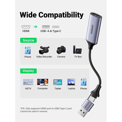 Купить Кабель Ugreen CM489 Video Capture Card Single HDMI Input (40189) - цена в Харькове, Киеве, Днепре, Одессе
в интернет-магазине Telemart фото