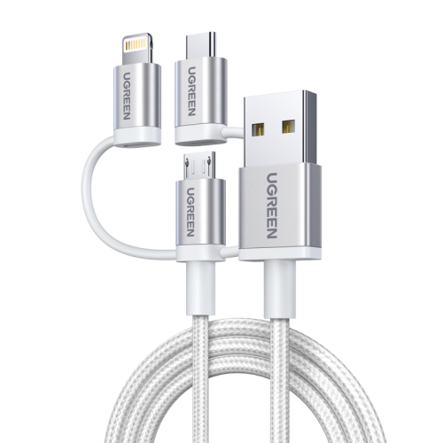 Кабель Ugreen US186 3-in-1 USB2.0-A Multifuntion Cable with Braid 1.5m (50203) Silver White купить в Украине | Telemart фото