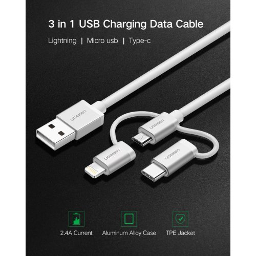 Кабель Ugreen US186 3-in-1 USB2.0-A Multifuntion Cable with Braid 1.5m (50203) Silver White купить в Украине | Telemart фото
