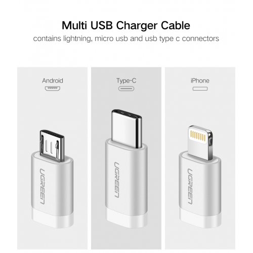 Кабель Ugreen US186 3-in-1 USB2.0-A Multifuntion Cable with Braid 1.5m (50203) Silver White купить в Украине | Telemart фото