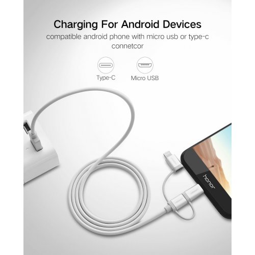 Кабель Ugreen US186 3-in-1 USB2.0-A Multifuntion Cable with Braid 1.5m (50203) Silver White купить в Украине | Telemart фото